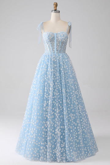 A-Line Spaghetti Straps Azzurro Corsetto Abito Da Ballo